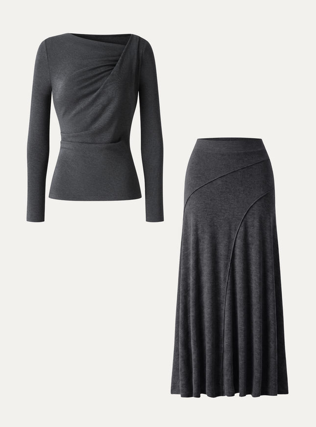 2Pcs Set Asymmetrical Neck Top & Drapey A-Line Midi Skirt