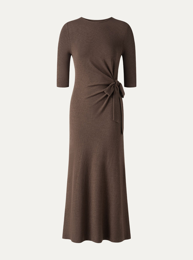 Slub Ribbed Round Neck Elbow Sleeve Tie-Waist Midi Dress