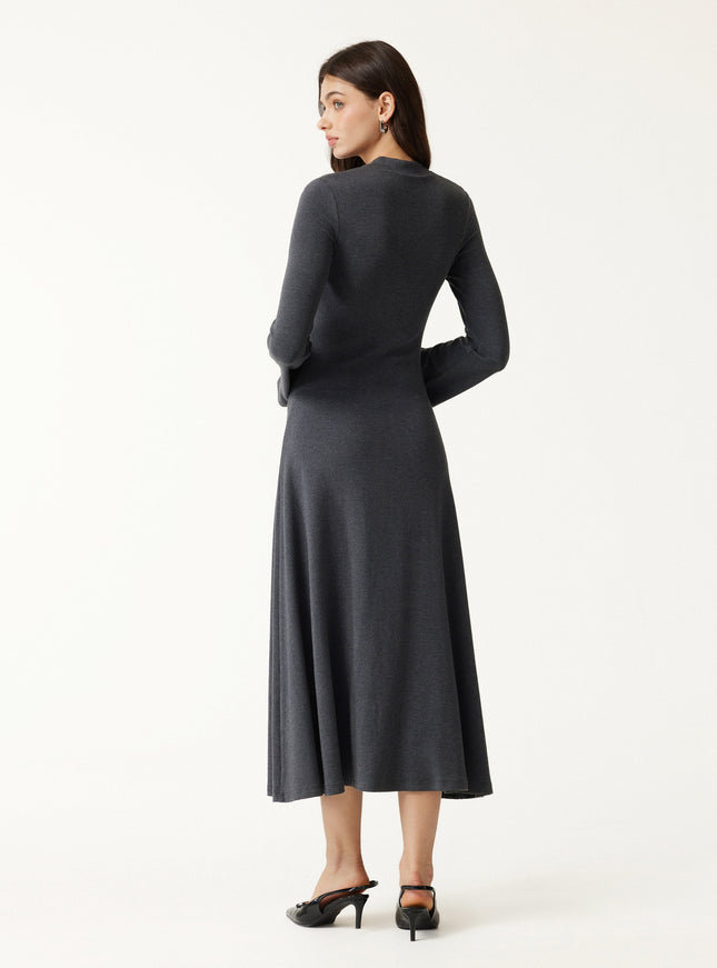 V-Neck Long Sleeve Flowy Midi Built-In Bra Dress