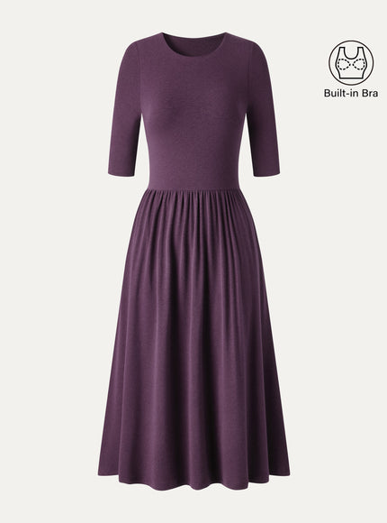 Round Neck Fit-and-Flare Midi Built-In Bra Dress with Pockets
