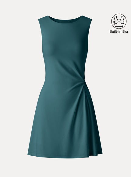 Ribbed Round Neck Sleeveless Side-Twist Mini Built-In Bra Dress
