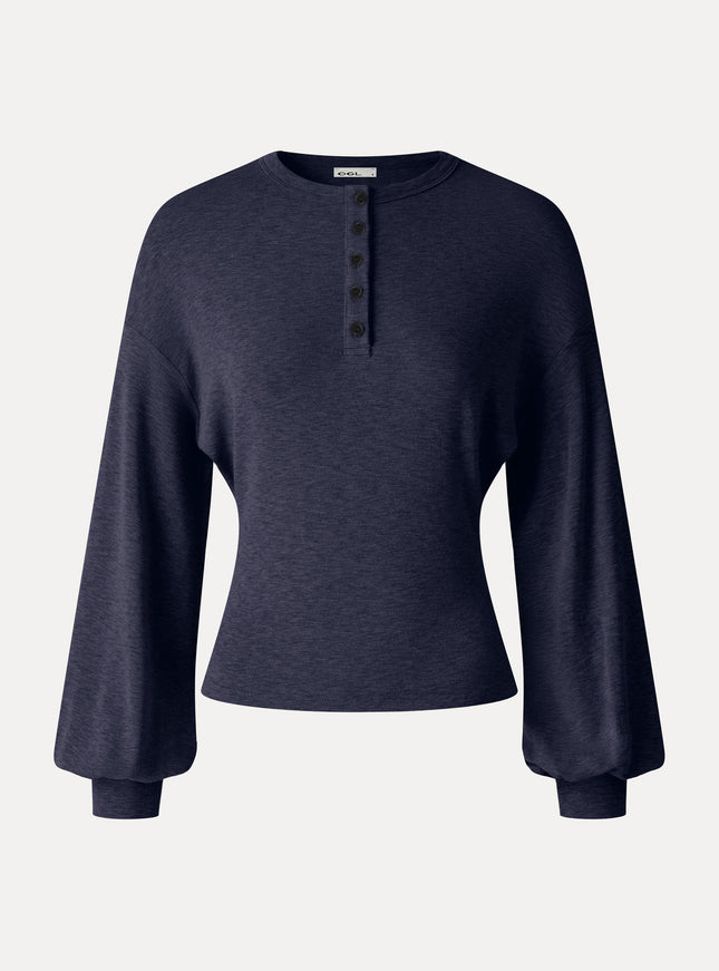Slub Ribbed Henley Neck Batwing Sleeve Close-Fit Hem Top