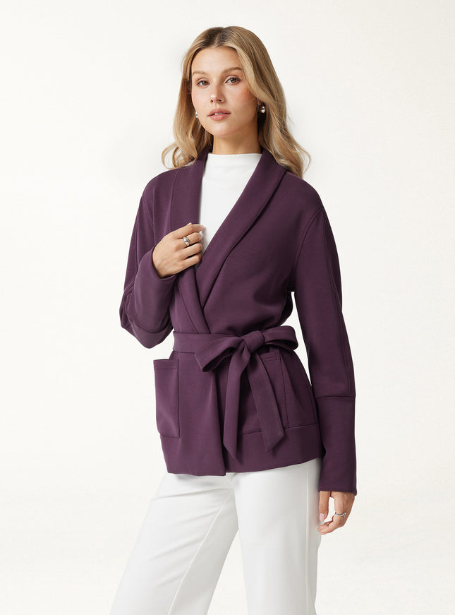 Modal Stretch Fleece Lapel Long Sleeve Belted Coat with Pockets