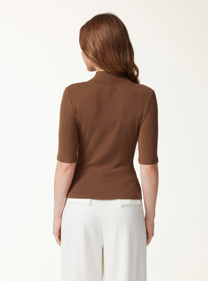 Crisscross Mock Neck Elbow Sleeve Ruched Top