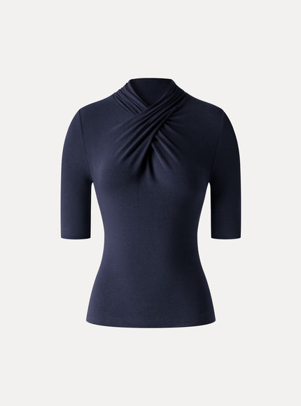 Crisscross Mock Neck Elbow Sleeve Ruched Top