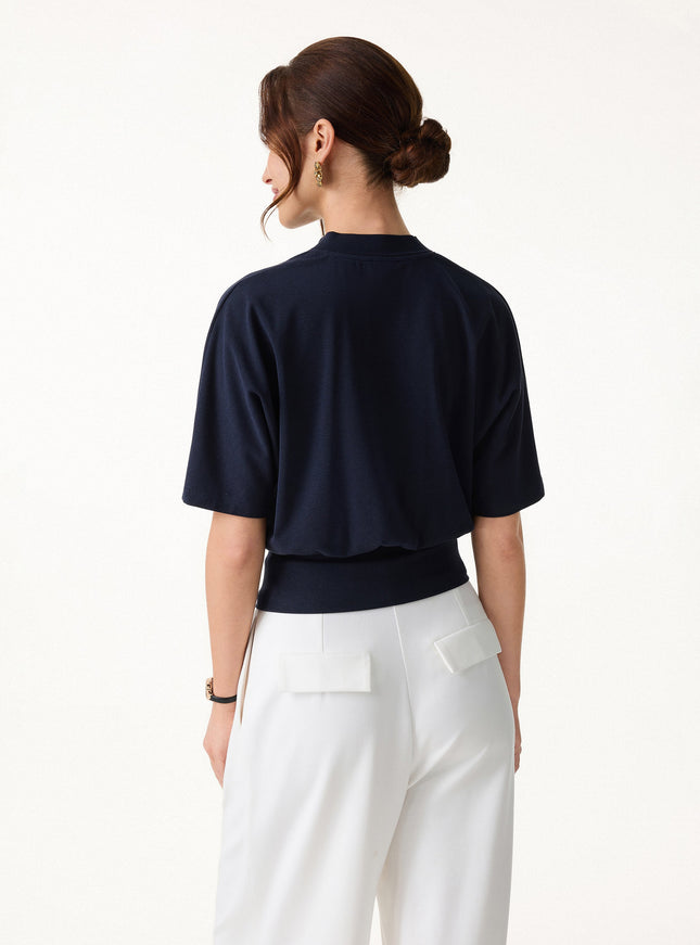 Stand Collar V-Neck Short Sleeve Top