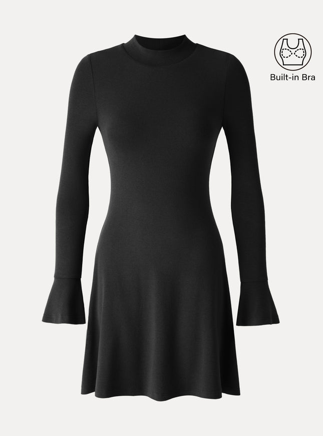 Mock Neck Flared Long Sleeve A-Line Mini Built-In Bra Dress