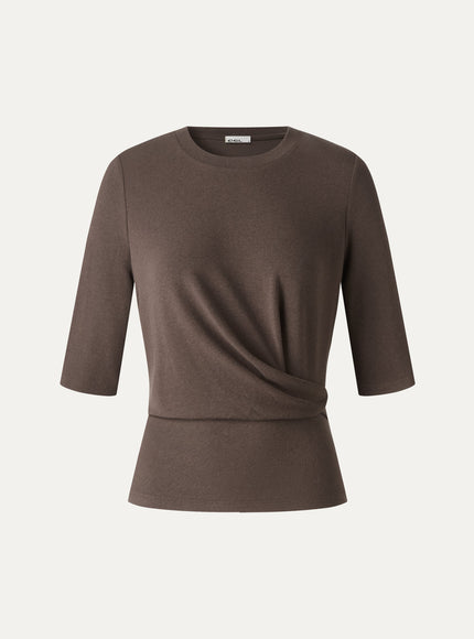 Round Neck Elbow Sleeve Side-Tuck Top
