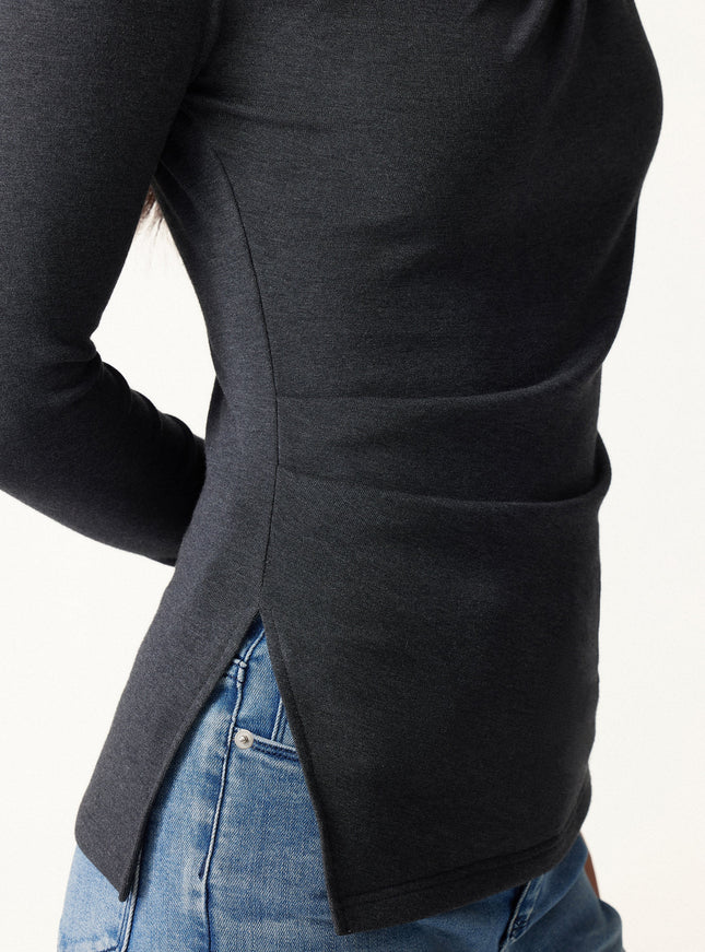 Asymmetrical Neck Long Sleeve Tucked-Waist Top