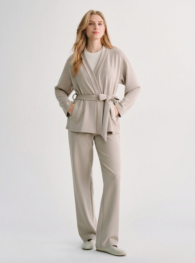 2Pcs Set MaxWarm Belted Wrap Cardigan Coat with Poclets & High-Rise Straight-Leg Pants with Pockets