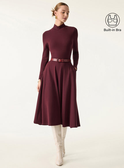 Mockneck Midi Built-In Bra Dress with Pockets