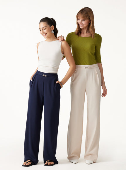 Ponte High-Rise Wide-Leg Pants with Pockets - Fog Beige