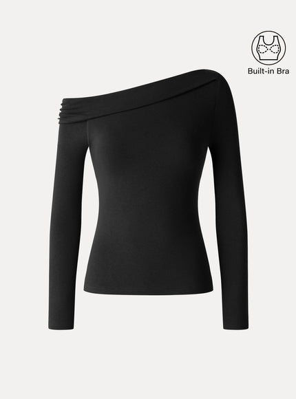 Asymmetrical Neck Long Sleeve Built-In Bra Top