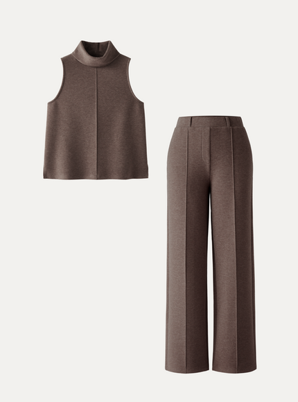 2Pcs Set Tall Turtle Neck Split Hem Top & High Waisted Warm Straight Leg Pull On Pant