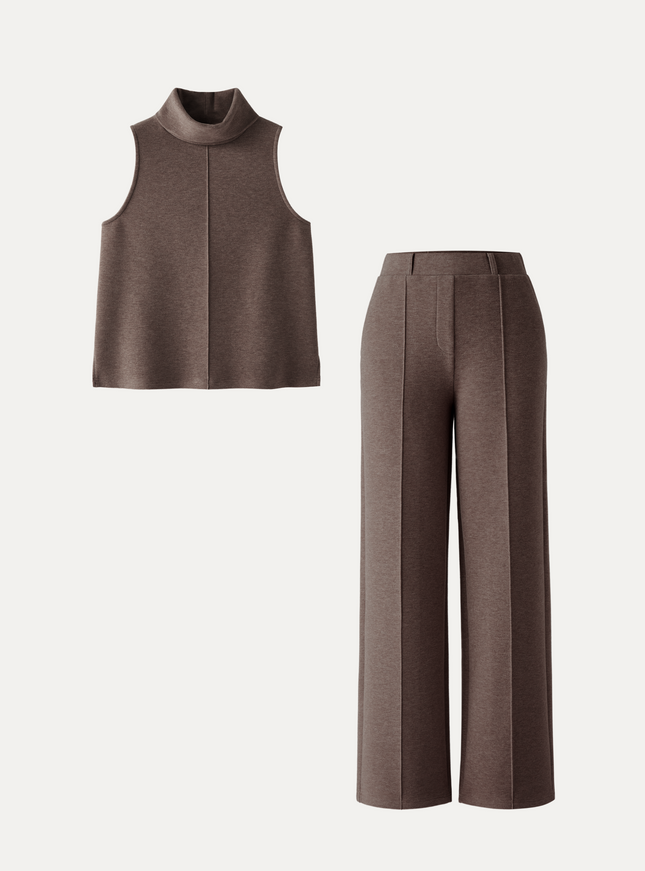 2Pcs Set Tall Turtle Neck Split Hem Top & High Waisted Warm Straight Leg Pull On Pant