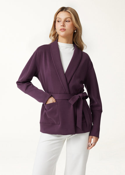 Modal Stretch Fleece Lapel Long Sleeve Belted Coat with Pockets
