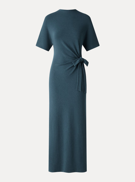 Mock Neck Elbow Sleeve Tie-Waist Midi Dress