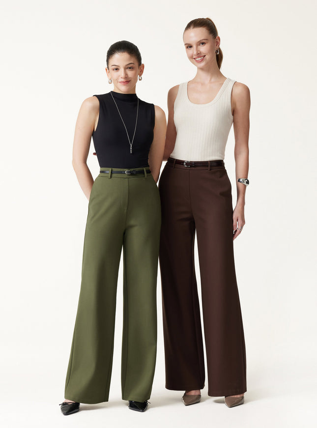 Ponte Mid-Rise Wide-Leg Pants with Pockets - Hickory Brown