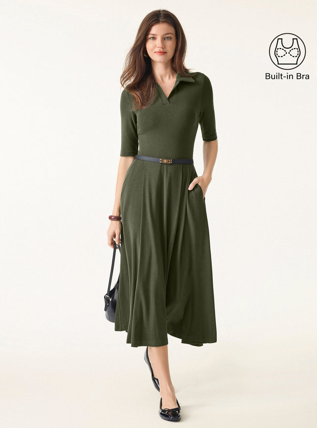 Polo Neck Elbow Length Sleeve Midi Built-In Bra Dress with Pockets