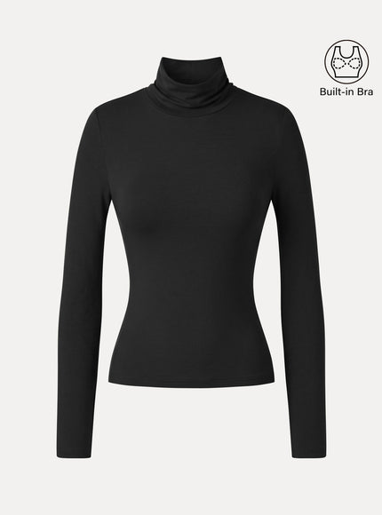 Lyocell-Wool Mock Neck Long Sleeve Built-In Bra Top