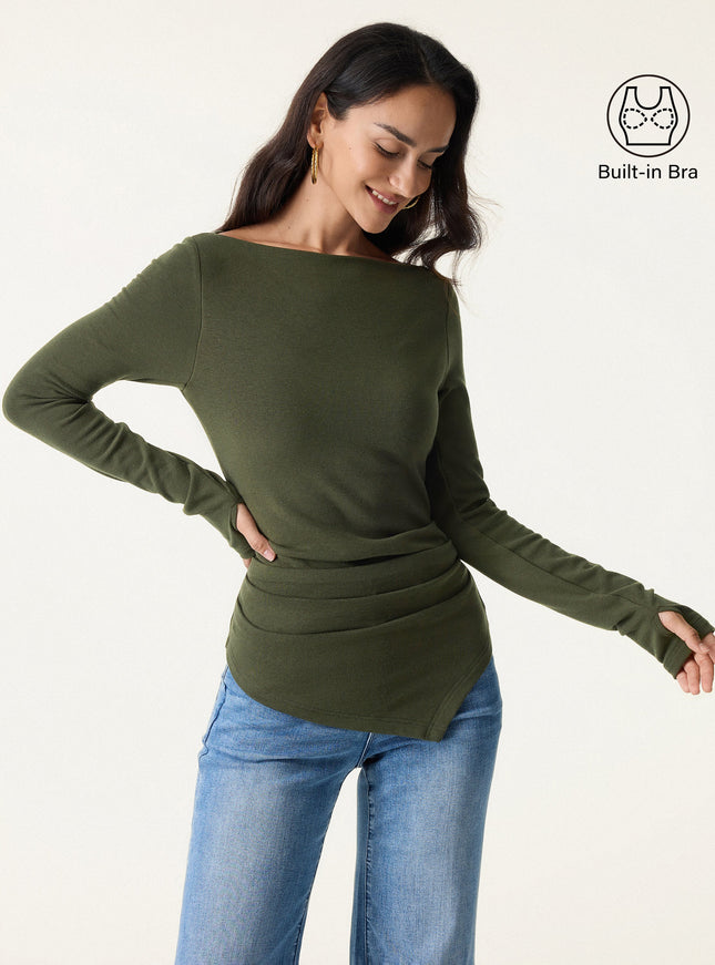 Boatneck Side Tucks Asymmetrical Built-In Bra Top