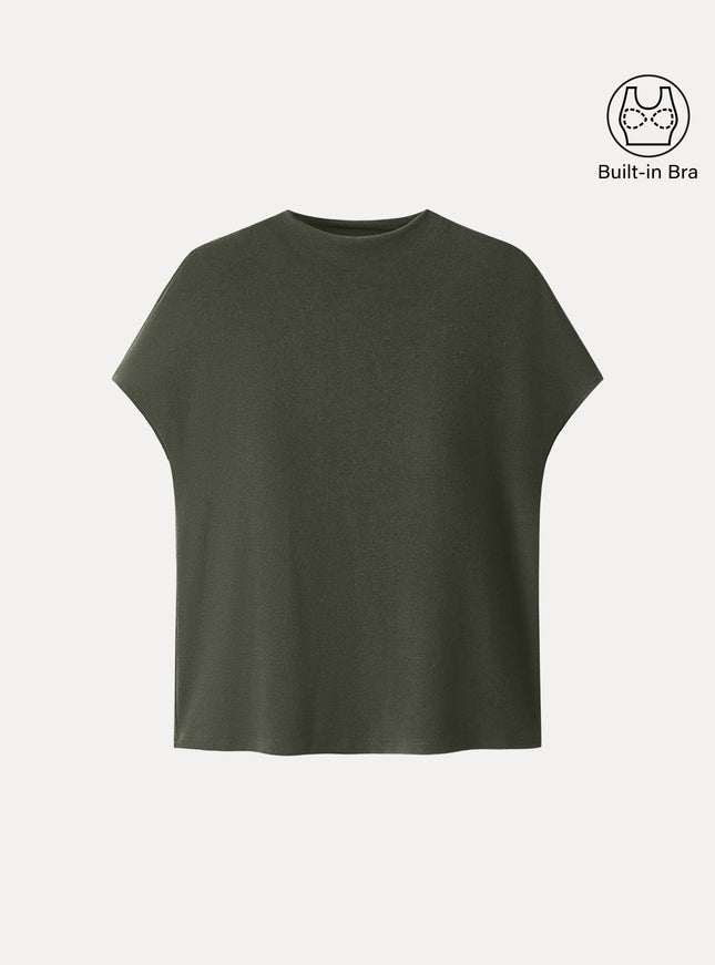 Mock Neck Short Sleeve Built-In Bra Top