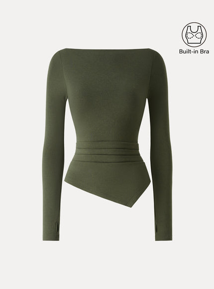 Boatneck Side Tucks Asymmetrical Built-In Bra Top