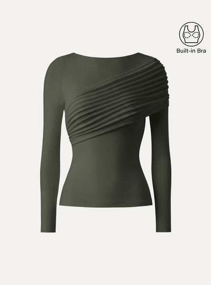 Boatneck Ruched Overlap Built-In Bra Top