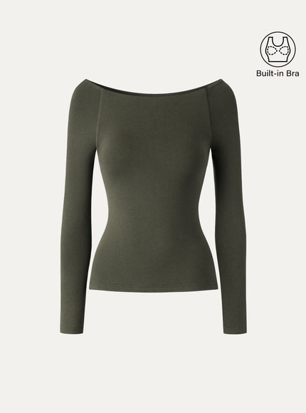 Slash Neck Raglan Sleeve Built-In Bra Top
