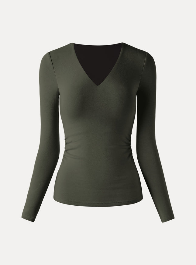 V-Neck Long Sleeve Side-Tuck Built-In Bra Top