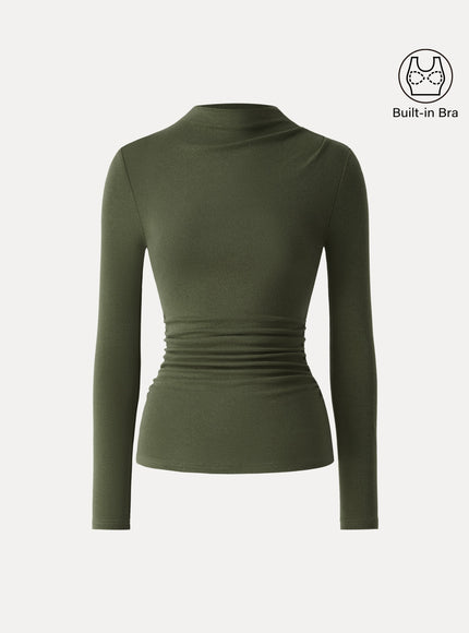 Mock Neck Long Sleeve Ruched Built-In Bra Top