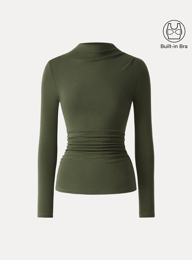 Mock Neck Long Sleeve Ruched Built-In Bra Top