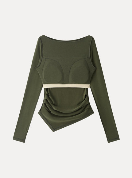 Boatneck Side Tucks Asymmetrical Built-In Bra Top