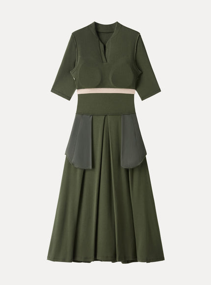 Polo Neck Elbow Length Sleeve Midi Built-In Bra Dress with Pockets