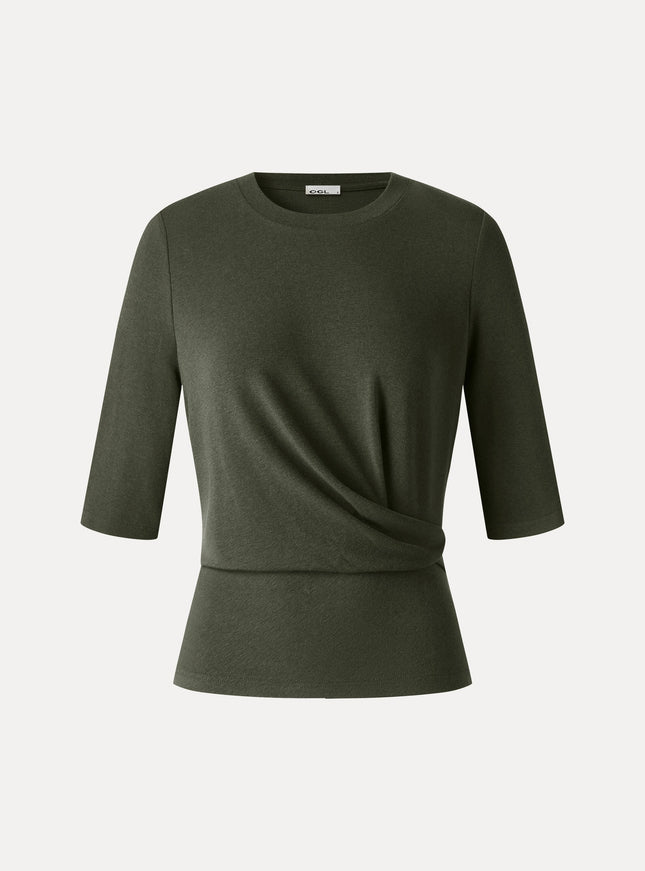 Round Neck Elbow Sleeve Side-Tuck Top