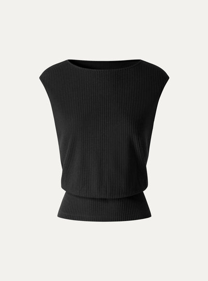 Textured Cotton Blend Boatneck Sleeveless Banded Hem Top