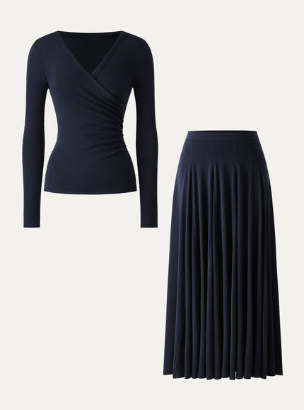 2Pcs Set Surplice Ruched Long Sleeve & Godet Hem Pull-on Maxi Skirt