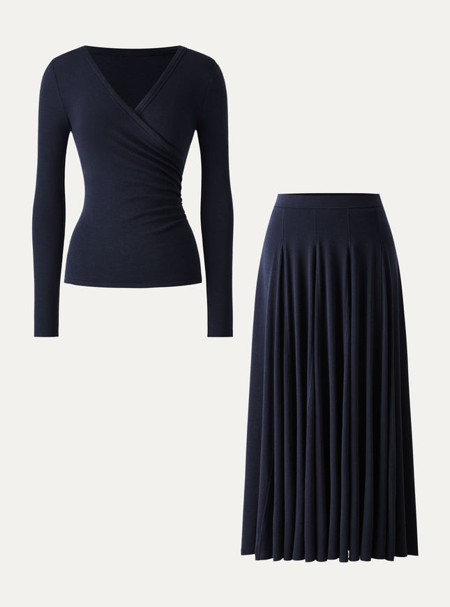 2Pcs Set Surplice Ruched Long Sleeve & Godet Hem Pull-on Maxi Skirt