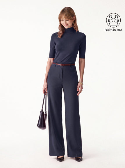 2Pcs Set Elbow Length Sleeve Built-In Bra Top & High-Rise Wide Leg Pants