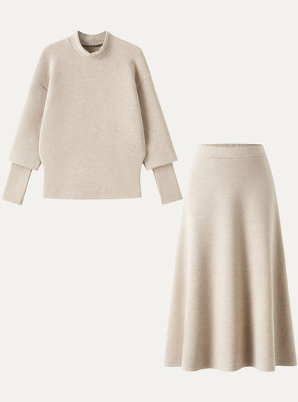 2Pcs Set Mockneck Sleeve-Warmer Top & Midi A-line Circle Skirt
