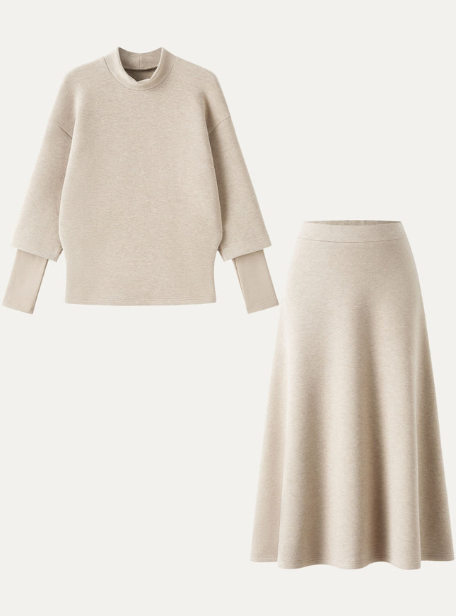 2Pcs Set Mockneck Sleeve-Warmer Top & Midi A-line Circle Skirt