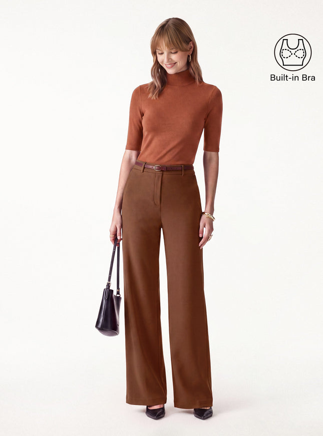 2Pcs Set Elbow Length Sleeve Built-In Bra Top & High-Rise Wide Leg Pants