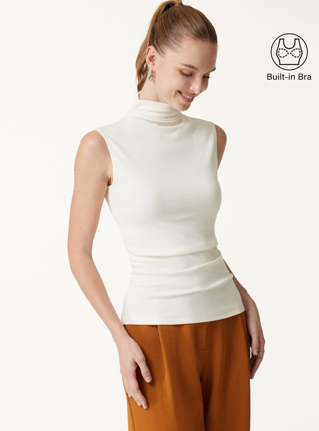 Mock Neck Sleeveless Ruched Built-In Bra Top