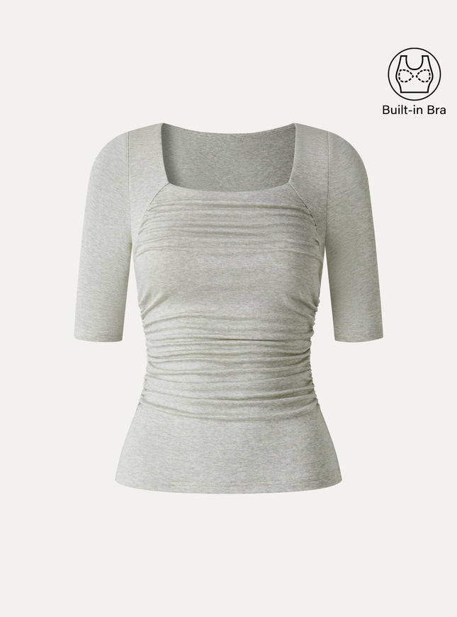 Lyocell-Wool Square Neck Elbow Sleeve Ruched Built-In Bra Top