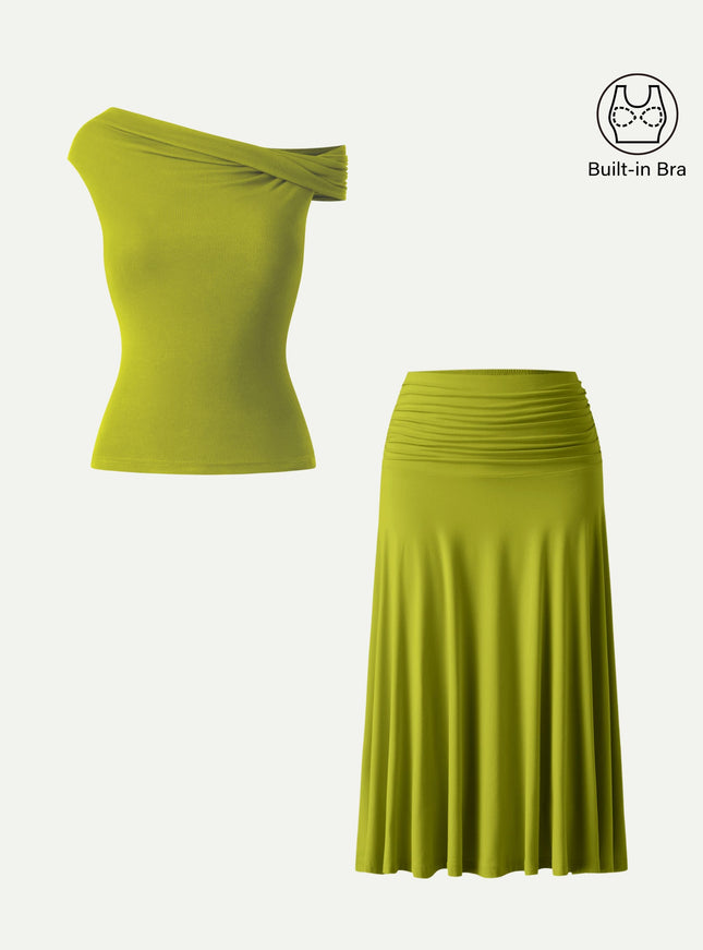 2Pcs Set Multi-wear Built-In Bra Top & Side Ruched A-line Midi Skirt