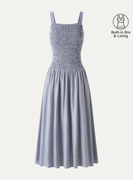 Striped Poplin Square Neck Smocked Midi Built-In Bra Dress