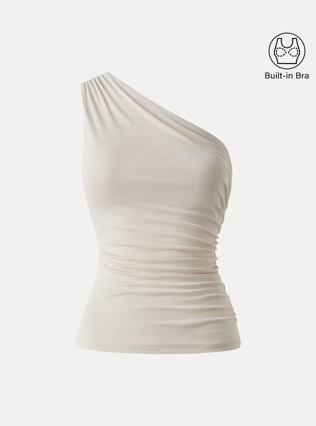 Sandwashed One Shoulder Ruched Built-In Bra Tank