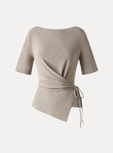 Slash Neck Short Sleeve Tie-Side Top