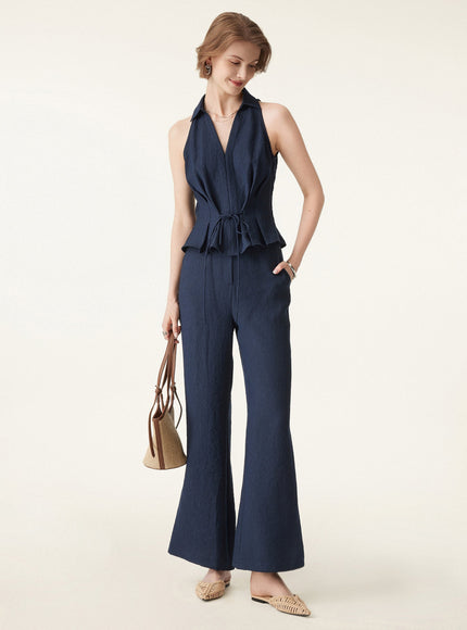 Collared V-neck Pleated Sleeveless Top with Drawstring