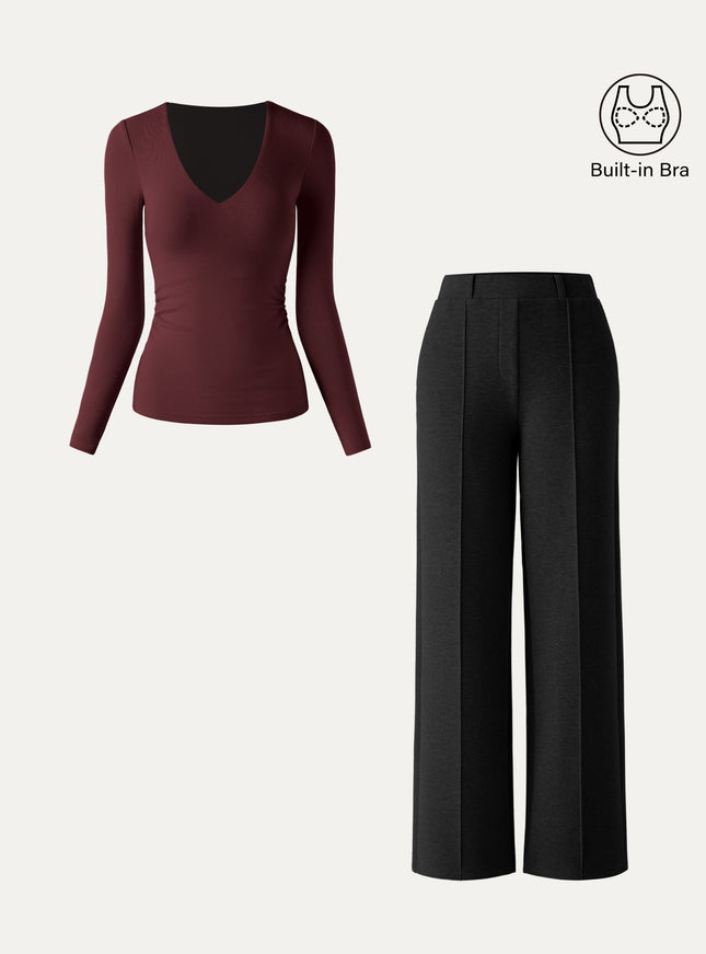 2Pcs Set V-Neck Side-Tuck Built-In Bra Top & High Waisted Warm Straight Leg Pull On Pant